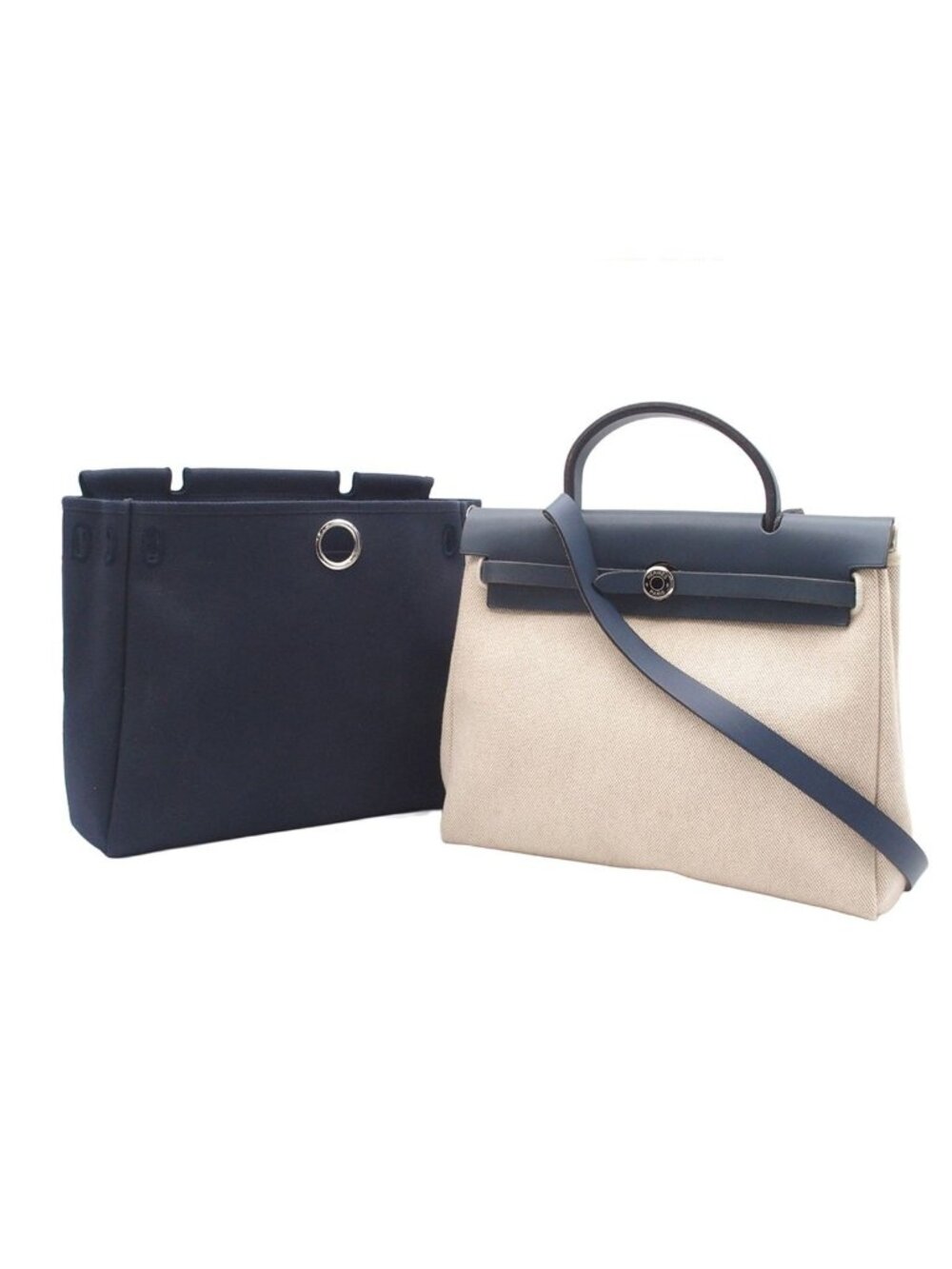Hermes Herbag PM Navy Natural Silver Toile Vache 2-Way Shoulder Bag